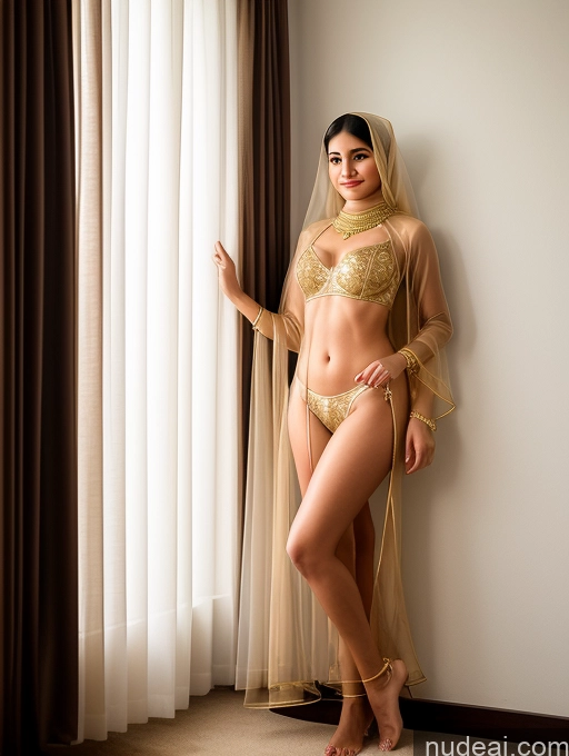 ai nude image of araffe woman in a gold outfit standing by a window pics of Two Woman Beautiful 18 Happy Black Hair Long Hair Indian Dark Fantasy Bedroom Front View T-pose Lingerie Niqab Salwar Suit Partially Nude Transparent Gold Jewelry Bright Lighting Alternative