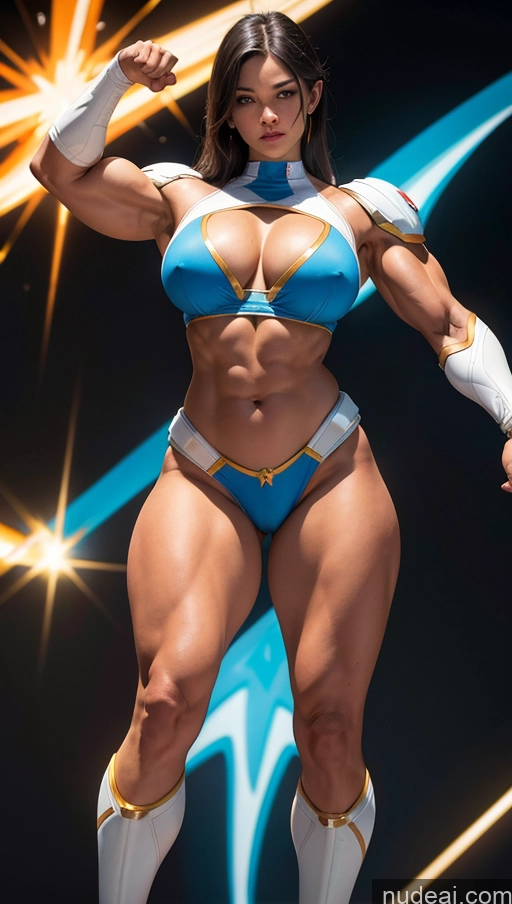 ai nude image of arafed woman in a blue and white costume posing for a picture pics of Mary Thunderbolt Powering Up Bodybuilder Perfect Boobs Perfect Body Muscular Abs Several Mech Suit