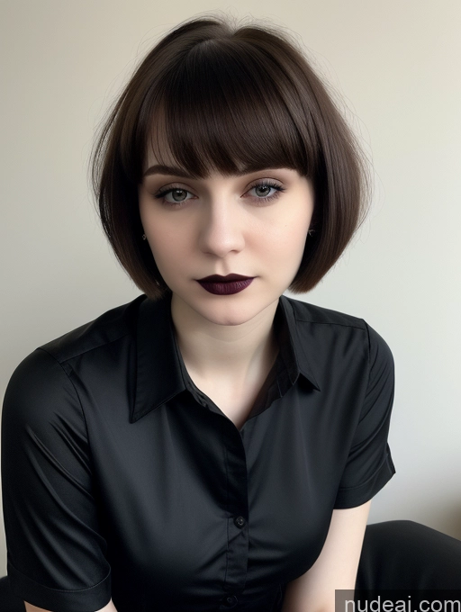 ai nude image of arafed woman with dark lipstick and a black shirt pics of Small Tits Beautiful Skinny Fairer Skin 18 Russian Short Hair Brunette Goth Close-up View Shirt