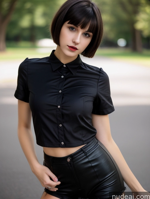 ai nude image of arafed woman in black shirt and leather shorts posing for a picture pics of Small Tits Beautiful Skinny 18 Russian Short Hair Brunette Goth Close-up View Shirt