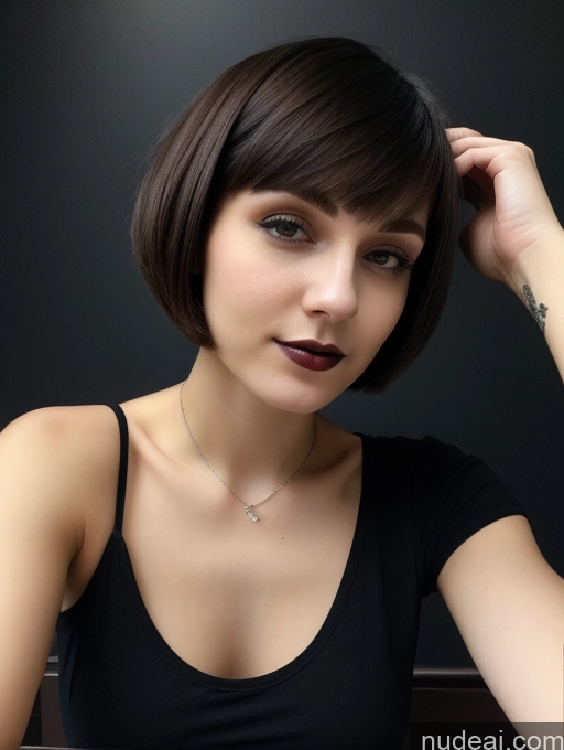 ai nude image of arafed woman with a black top and a tattoo on her arm pics of Small Tits Beautiful Skinny 18 Russian Short Hair Brunette Goth Close-up View Shirt