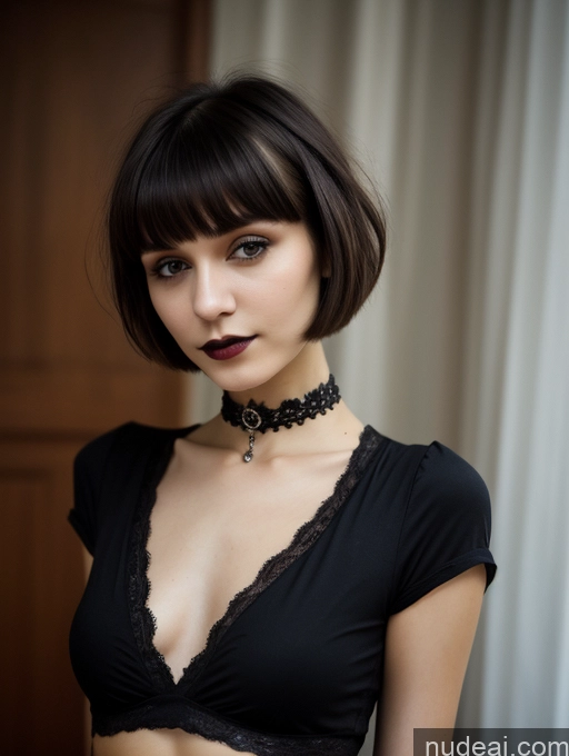 ai nude image of arafed woman in a black top and choker posing for a picture pics of Small Tits Beautiful Skinny 18 Russian Short Hair Brunette Goth Close-up View Shirt