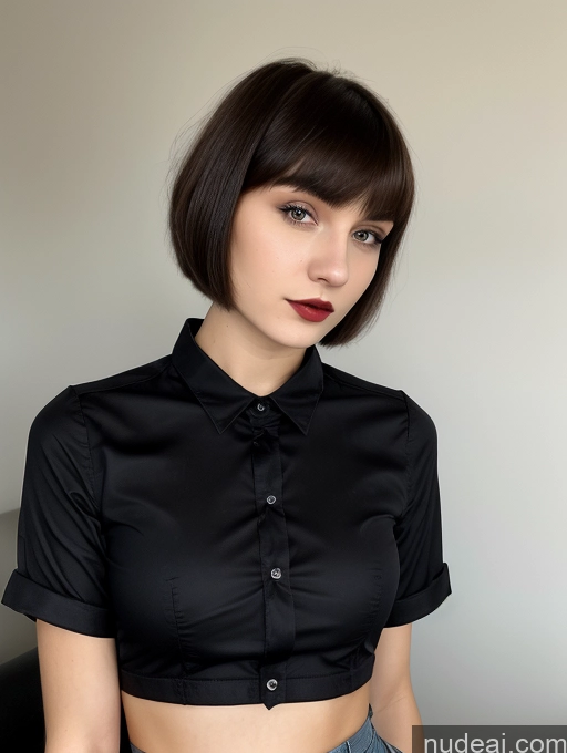 ai nude image of arafed woman with short hair wearing a black shirt and jeans pics of Small Tits Beautiful Skinny 18 Russian Short Hair Brunette Goth Close-up View Shirt