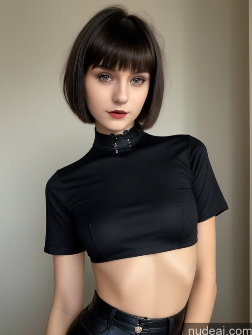 ai nude image of there is a woman in a black top and black pants posing for a picture pics of Small Tits Beautiful Skinny 18 Russian Short Hair Brunette Goth Close-up View Shirt