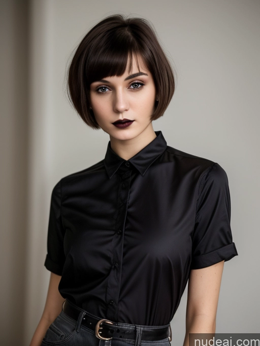 ai nude image of arafed woman with short hair wearing a black shirt and jeans pics of Small Tits Beautiful Skinny 18 Russian Short Hair Shirt Close-up View Goth Brunette