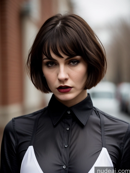 ai nude image of arafed woman with a black and white shirt and a black and white shirt pics of Small Tits Beautiful Skinny 18 Russian Short Hair Shirt Close-up View Brunette Angry Goth