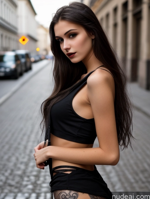 ai nude image of arafed woman in black top and black shorts standing on a street pics of 18 Small Tits Skinny Beautiful Long Hair Russian Close-up View Goth Brunette Tank Top Street