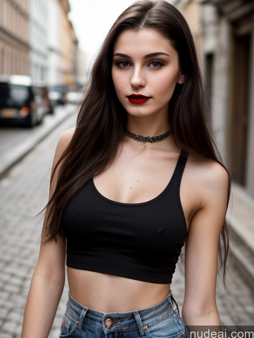 ai nude image of arafed woman with long hair and a black top standing on a street pics of 18 Small Tits Skinny Beautiful Long Hair Russian Close-up View Goth Brunette Tank Top Street Lipstick