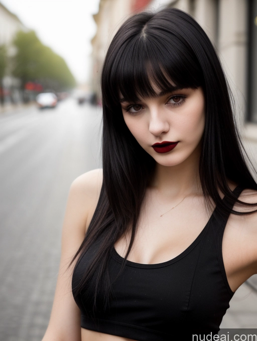 ai nude image of arafed woman with black hair and red lipstick standing on the street pics of 18 Small Tits Skinny Beautiful Russian Close-up View Goth Tank Top Street Bangs Lipstick Black Hair