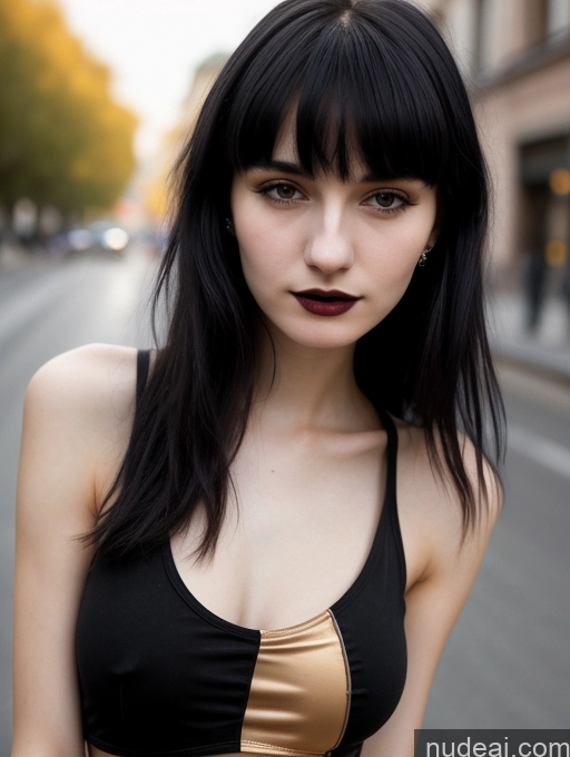 ai nude image of arafed woman with black hair and a gold top on a city street pics of 18 Small Tits Skinny Beautiful Russian Close-up View Goth Tank Top Street Bangs Black Hair