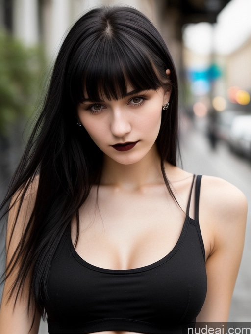 ai nude image of arafed woman with black hair and a black bra top pics of 18 Small Tits Skinny Beautiful Russian Close-up View Goth Tank Top Street Bangs Black Hair