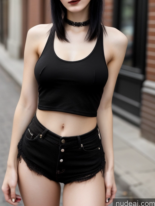 ai nude image of arafed woman in black top and black shorts standing on a sidewalk pics of 18 Small Tits Skinny Beautiful Russian Close-up View Goth Tank Top Street Bangs Black Hair