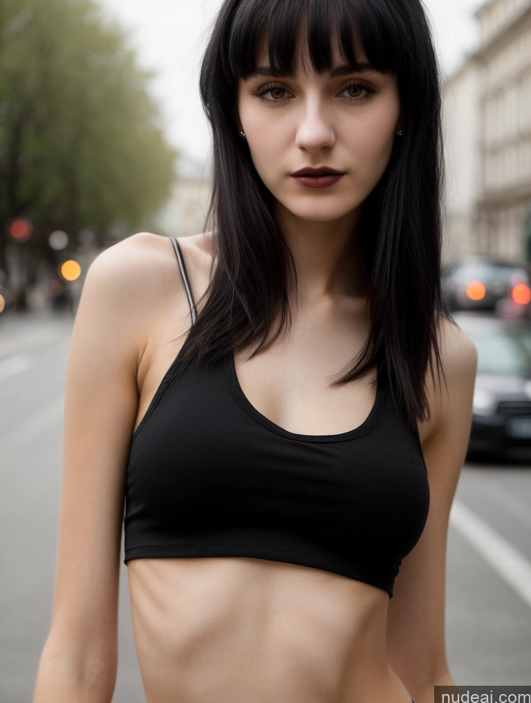 ai nude image of arafed woman in a black top standing on a city street pics of 18 Small Tits Skinny Beautiful Russian Close-up View Goth Tank Top Street Bangs Black Hair