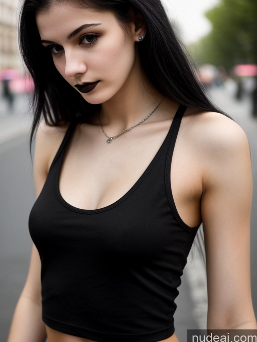 ai nude image of arafed woman in black top and jeans on street with a cell phone pics of Small Tits Beautiful Skinny 18 Black Hair Straight Russian Street Close-up View Goth Tank Top