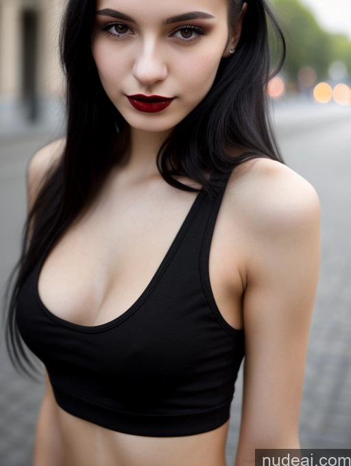 ai nude image of arafed woman with black hair and red lipstick posing for a picture pics of Small Tits Beautiful Skinny 18 Black Hair Straight Russian Street Close-up View Goth Tank Top Lipstick