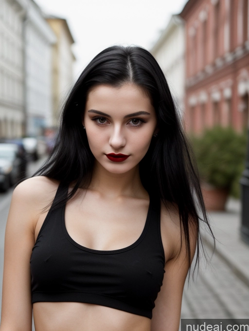 related ai porn images free for Small Tits Beautiful Skinny 18 Black Hair Straight Russian Street Close-up View Goth Tank Top Lipstick