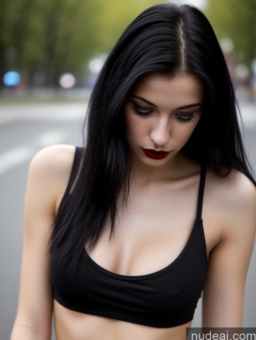 related ai porn images free for Small Tits Beautiful Skinny 18 Black Hair Straight Russian Street Close-up View Goth Tank Top Lipstick