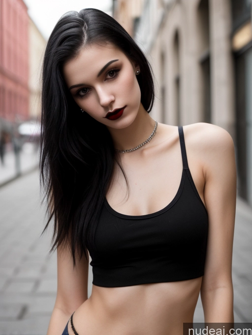 related ai porn images free for Small Tits Beautiful Skinny 18 Black Hair Straight Russian Street Close-up View Goth Tank Top Lipstick