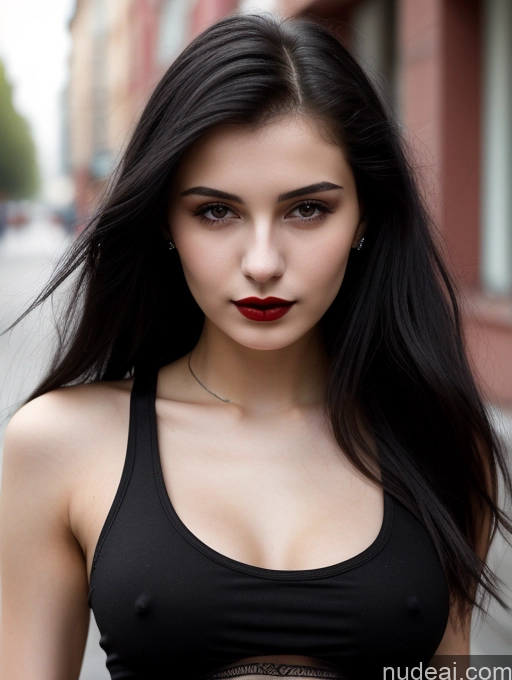 related ai porn images free for Small Tits Beautiful Skinny 18 Black Hair Straight Russian Street Close-up View Goth Tank Top Lipstick