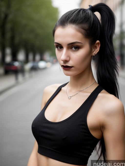 related ai porn images free for Small Tits Beautiful Skinny 18 Black Hair Russian Street Close-up View Goth Tank Top Ponytail