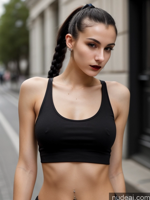 ai nude image of arafed woman in a black sports bra top and black shorts pics of Small Tits Beautiful Skinny 18 Black Hair Russian Street Close-up View Goth Tank Top Ponytail