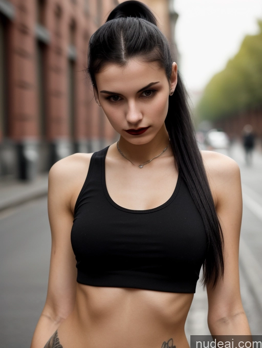 ai nude image of arafed woman with a tattoo on her chest and a black top pics of Small Tits Beautiful Skinny 18 Black Hair Russian Street Close-up View Goth Tank Top Ponytail