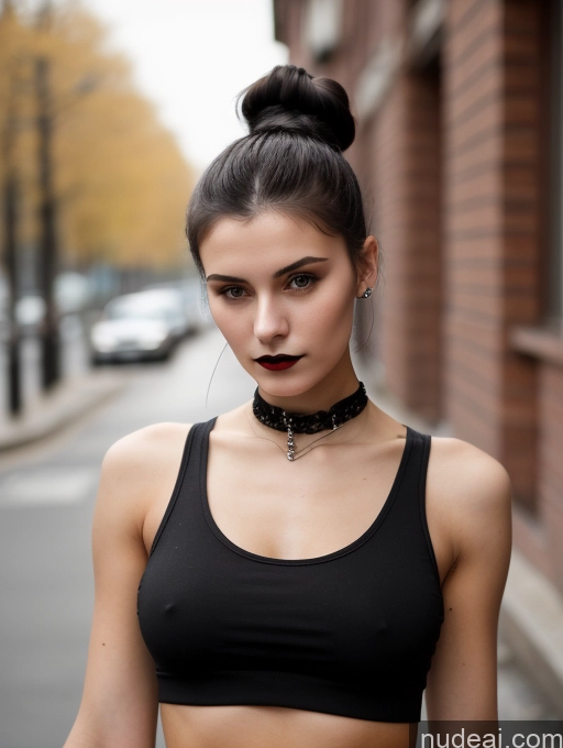 ai nude image of arafed woman with a black top and a choke on her neck pics of Small Tits Beautiful Skinny 18 Black Hair Russian Street Close-up View Goth Tank Top Hair Bun