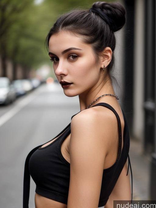 ai nude image of arafed woman with a black top and a black bag on a city street pics of Small Tits Beautiful Skinny 18 Black Hair Russian Street Close-up View Goth Tank Top Hair Bun