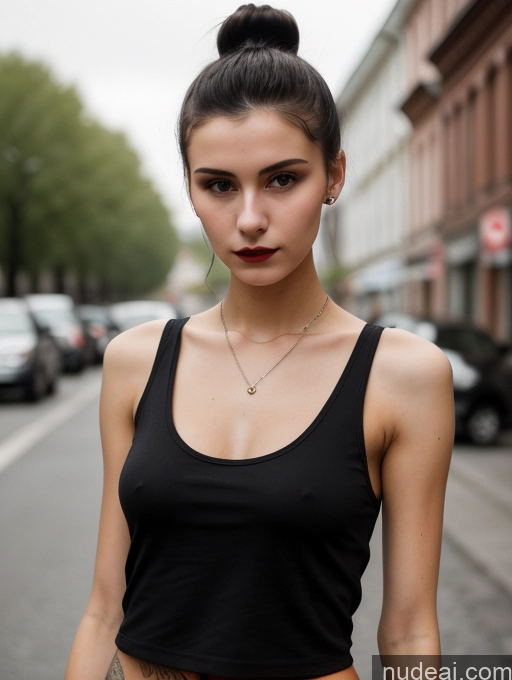 ai nude image of arafed woman with a black top and a brown skirt pics of Small Tits Beautiful Skinny 18 Black Hair Russian Street Close-up View Goth Tank Top Hair Bun