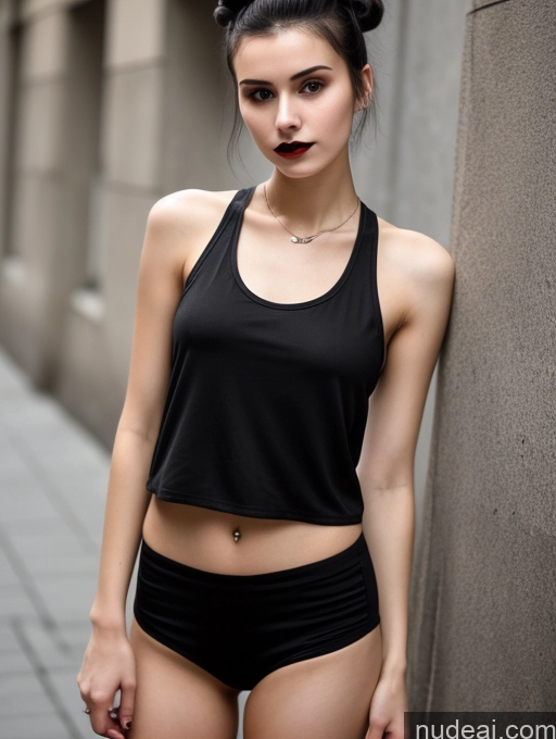 ai nude image of arafed woman in black top and black shorts standing on sidewalk pics of Small Tits Beautiful Skinny 18 Black Hair Russian Street Close-up View Goth Tank Top Hair Bun