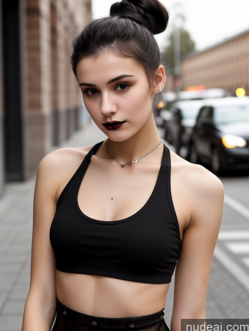 related ai porn images free for Small Tits Beautiful Skinny 18 Black Hair Russian Street Close-up View Goth Tank Top Hair Bun