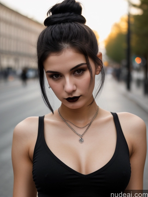 related ai porn images free for Small Tits Beautiful Skinny 18 Black Hair Russian Street Close-up View Goth Tank Top Hair Bun