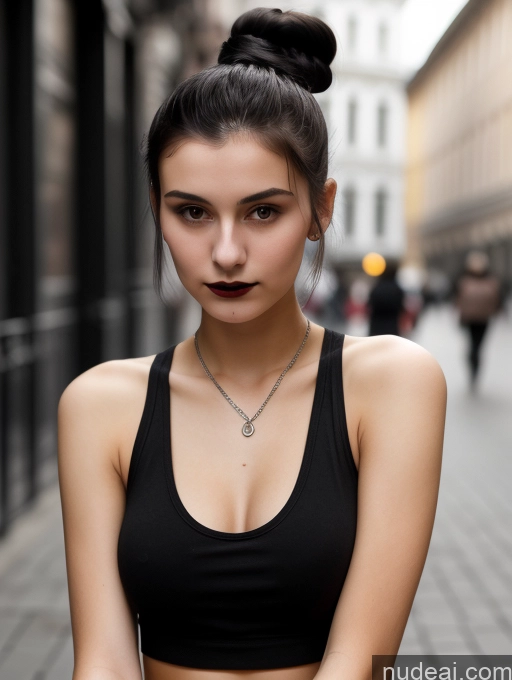 related ai porn images free for Small Tits Beautiful Skinny 18 Black Hair Russian Street Close-up View Goth Tank Top Hair Bun