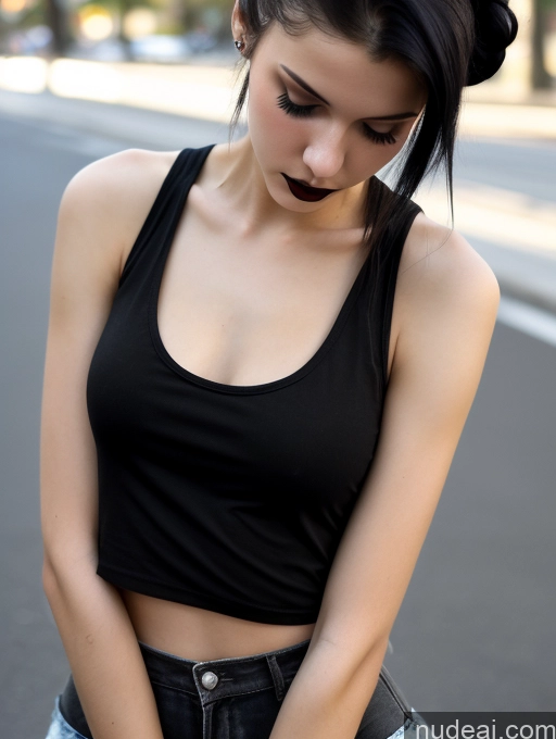 ai nude image of there is a woman with a black top and jeans on a street pics of Small Tits Beautiful Skinny 18 Black Hair Russian Street Close-up View Goth Tank Top Hair Bun