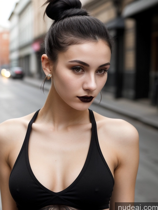 ai nude image of arafed woman with a black top and a black top pics of Small Tits Beautiful Skinny 18 Black Hair Russian Street Close-up View Goth Tank Top Hair Bun