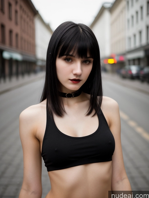 ai nude image of arafed woman in a black top and a choker standing on a street pics of Small Tits Beautiful Skinny 18 Black Hair Russian Street Close-up View Goth Tank Top Bangs