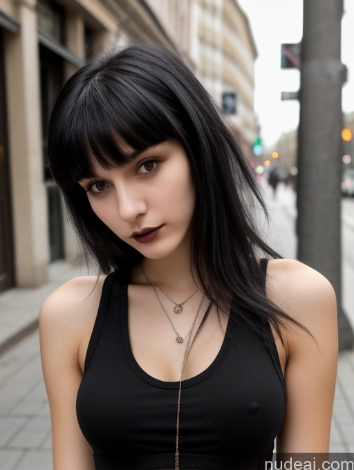 ai nude image of arafed woman with black hair and a black top on a city street pics of Small Tits Beautiful Skinny 18 Black Hair Russian Street Close-up View Goth Tank Top Bangs