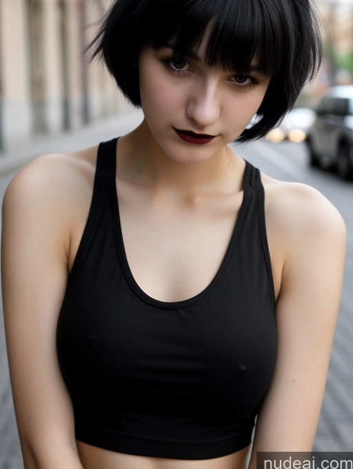 related ai porn images free for Small Tits Beautiful Skinny 18 Black Hair Russian Street Close-up View Goth Tank Top Bangs