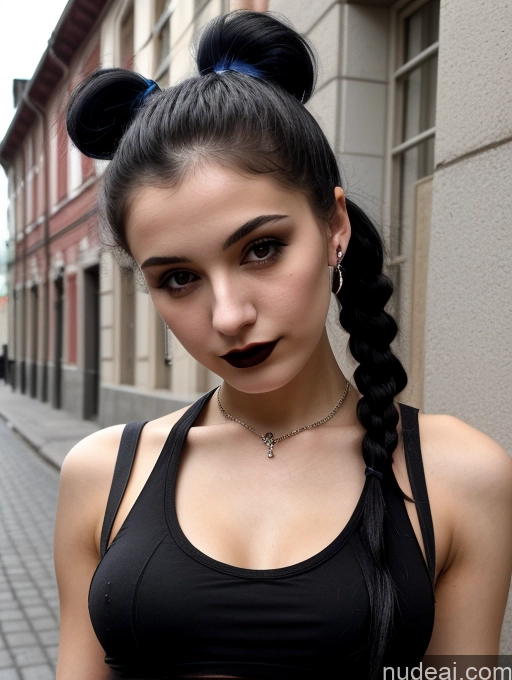 ai nude image of there is a woman with a black top and a black skirt pics of Small Tits Beautiful Skinny 18 Black Hair Russian Street Close-up View Goth Tank Top Lipstick Pigtails