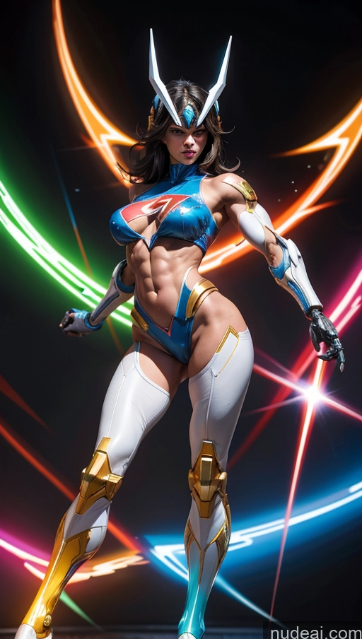 ai nude image of arafed woman in a blue and white outfit posing for a picture pics of Superheroine Perfect Boobs Muscular Abs Perfect Body Several Superhero Powering Up SSS: A-Mecha Musume A素体机娘 Science Fiction Style Dynamic View