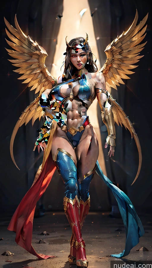 ai nude image of arafed woman in a costume with wings and a sword pics of Superheroine Perfect Boobs Muscular Abs Perfect Body Several Superhero Powering Up Science Fiction Style Dynamic View Egyptian Has Wings