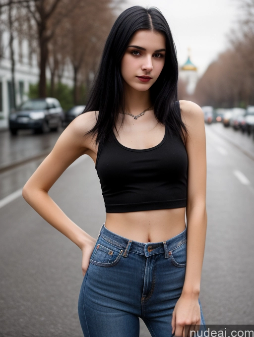 related ai porn images free for Small Tits Beautiful Skinny 18 Black Hair Straight Russian Jeans Goth Street Close-up View Tank Top