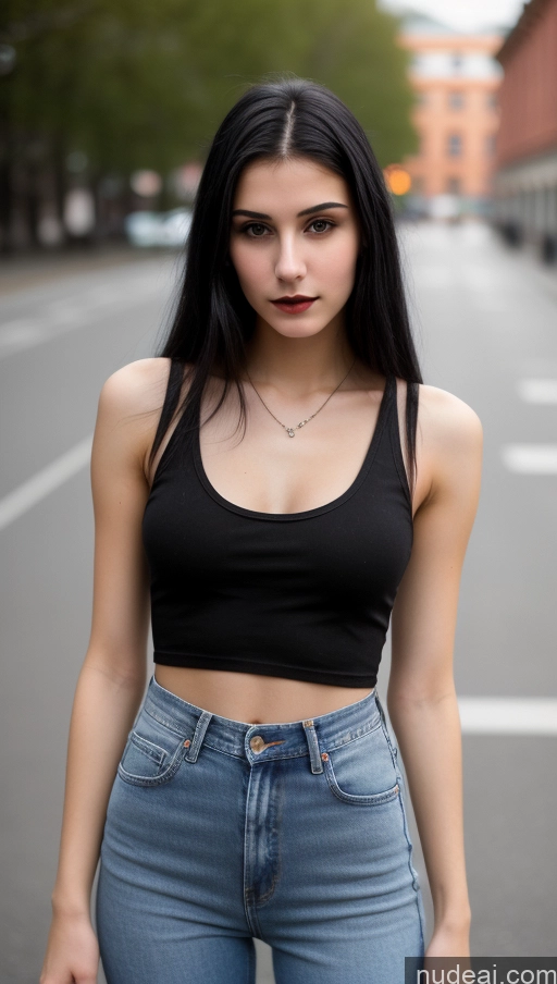 related ai porn images free for Small Tits Beautiful Skinny 18 Black Hair Straight Russian Jeans Goth Street Close-up View Tank Top