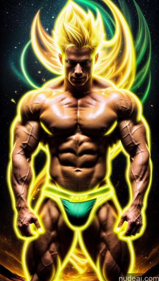 ai nude image of a man with a yellow hair and a green underwear posing for a picture pics of Several Surrealist Hell Bright Lighting Bodybuilder Abs Muscular Perfect Body Busty Powering Up Super Saiyan 3 Neon Lights Clothes: Yellow