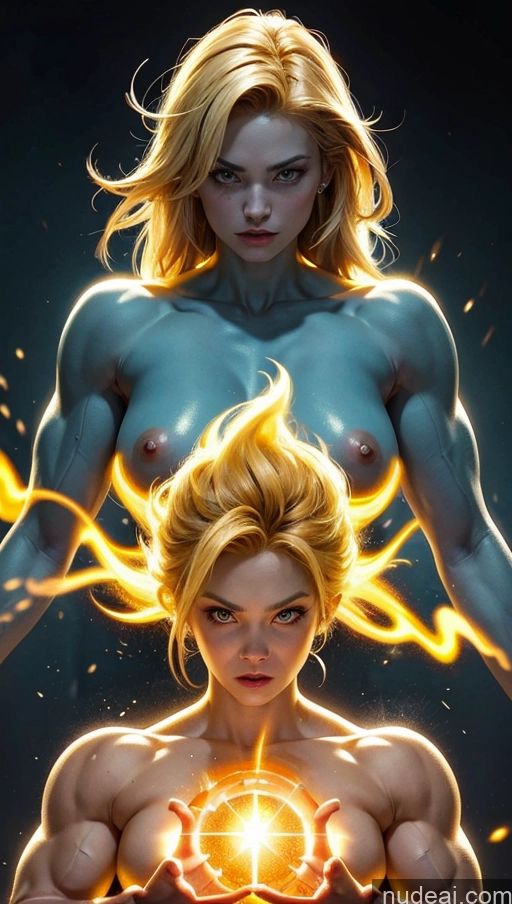 ai nude image of a woman with a muscular body and a man with a glowing ball pics of Several Surrealist Hell Bright Lighting Bodybuilder Abs Muscular Perfect Body Busty Powering Up Super Saiyan 3 Neon Lights Clothes: Yellow