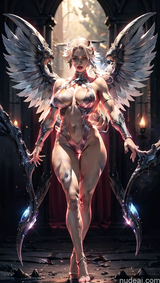 ai nude image of a woman with wings and a body of a demon standing in a dark room pics of Bodybuilder Several Busty Muscular Abs Perfect Body Bright Lighting Surrealist Hell Dynamic View Heat Vision Neon Lights Clothes: Purple Has Wings