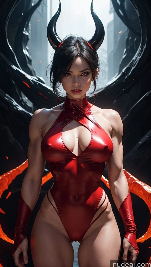 ai nude image of arafed woman in a red bodysuit with horns and horns pics of Bodybuilder Several Busty Muscular Abs Perfect Body Bright Lighting Surrealist Hell Devil