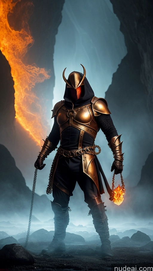 ai nude image of arafed knight in armor with a sword and fire in the background pics of Several Busty Muscular Abs Perfect Body Bright Lighting Surrealist Hell Fantasy Armor Bodybuilder