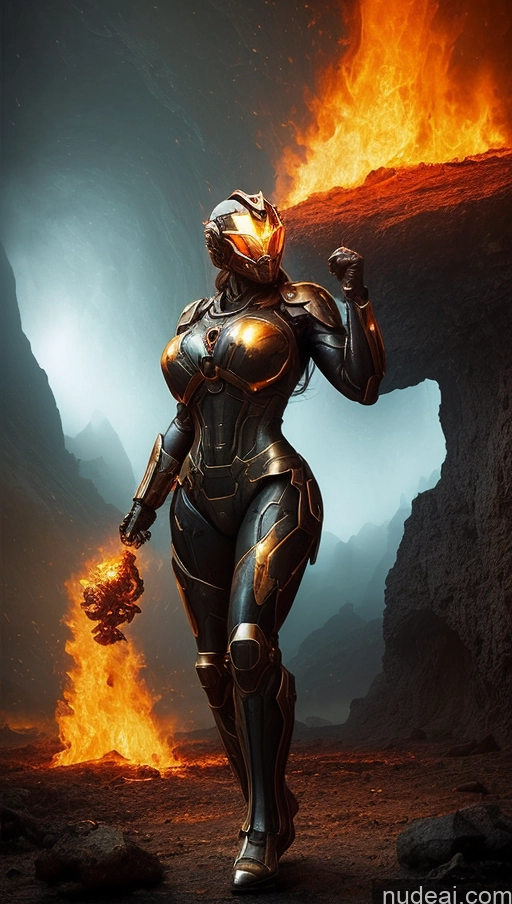 ai nude image of arafed woman in a futuristic suit holding a fire ball pics of Several Busty Muscular Abs Perfect Body Bright Lighting Surrealist Hell Mech Suit Woman