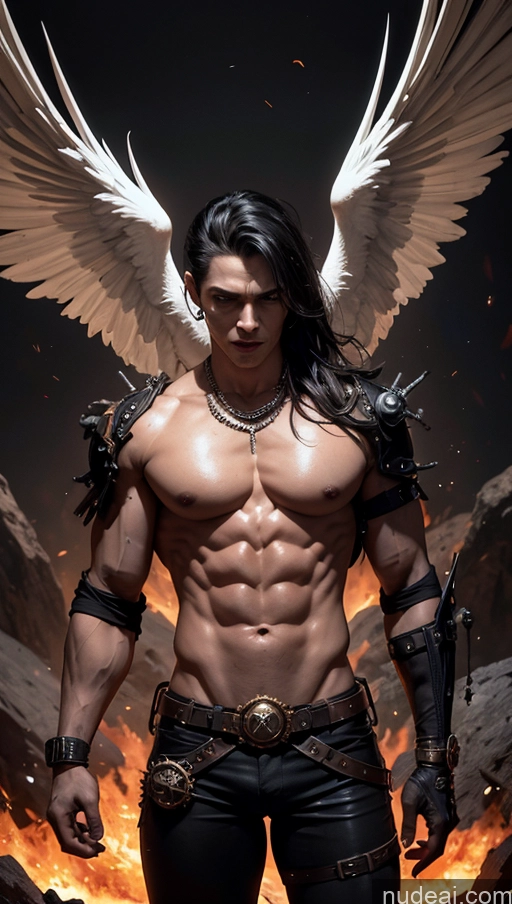 ai nude image of arafed male angel with wings and a chain around his neck pics of Several Busty Muscular Abs Perfect Body Bright Lighting Surrealist Hell Bodybuilder Steampunk